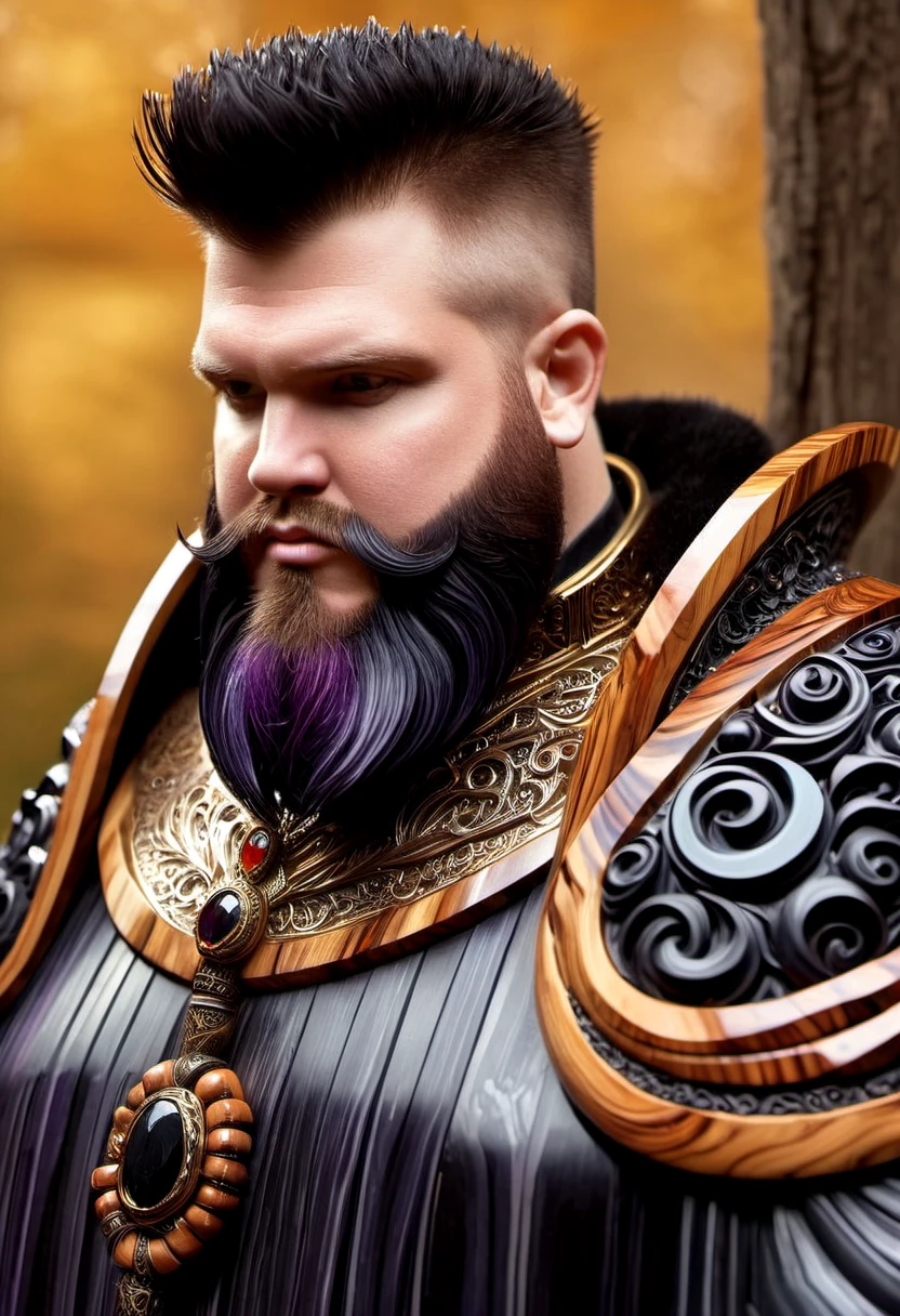 ObsidianWood, (scene art by William Henry Hunt:0.7) , Digital art, portly (Male Confessor:1.3) , wearing made entirely of obsidian with wood trim, his made entirely of obsidian with wood trim has Gold and Amethyst Gemstones plating, Evocative hair styled as Shaved head with a beard, hairpin, Overdetailed art, behance, F/1.8