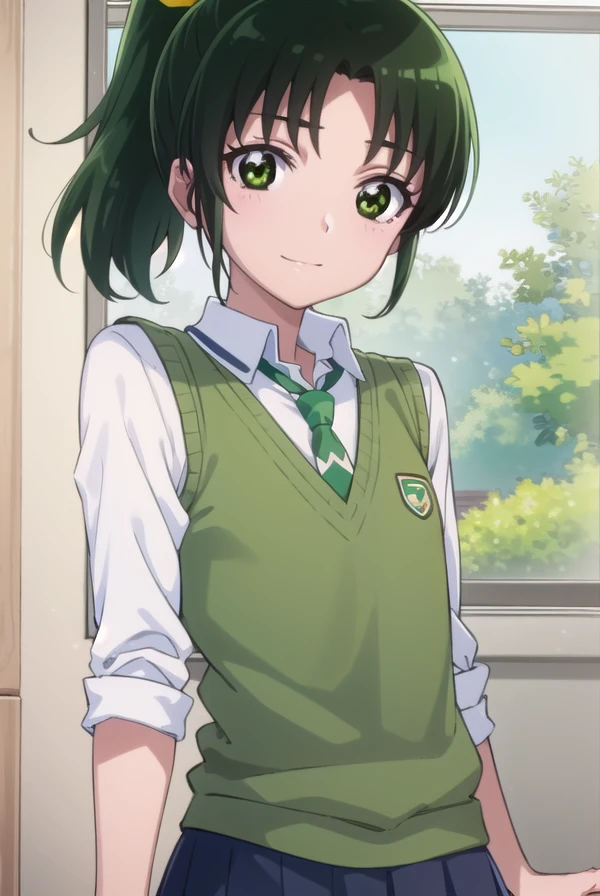 naomidorikawa, <lora:nao midorikawa s1-lora-nochekaiser:1>,
nao midorikawa, short hair, (green eyes:1.3), ponytail, green hair, ribbon, hair ribbon, smile,
BREAK skirt, school uniform, necktie, sleeves rolled up, sweater vest, green necktie, nanairogaoka middle school uniform,
BREAK indoors,classroom,
BREAK looking at viewer, dynamic pose,
BREAK <lyco:GoodHands-beta2:1>, (masterpiece:1.2), best quality, high resolution, unity 8k wallpaper, (illustration:0.8), (beautiful detailed eyes:1.6), extremely detailed face, perfect lighting, extremely detailed CG, (perfect hands, perfect anatomy),