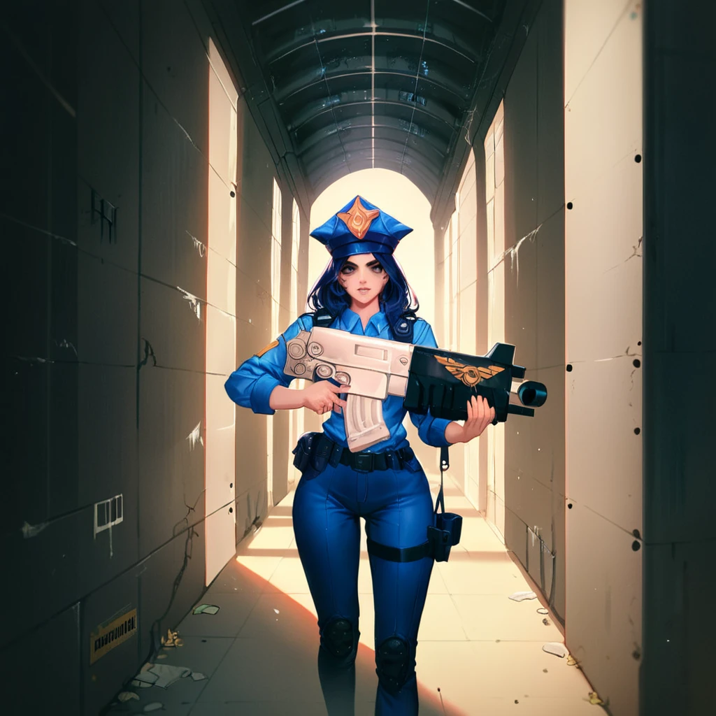 score_9, score_8_up, score_7_up, source_cartoon, a policeman in riot gear aims (a bltgun bolter weapon) in both hands, barricade, hallway, abandoned building, facing viewer,