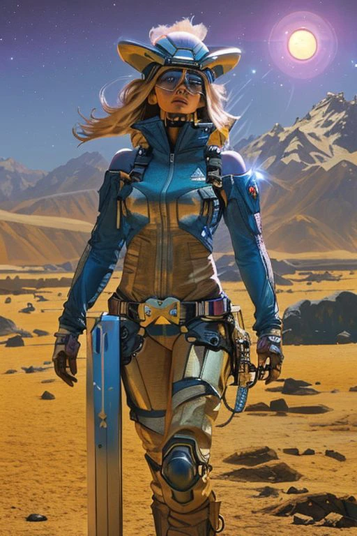 A seasoned, yet breathtaking space cowgirl, etched with the harsh tales of the cosmos, stands resolute against the desolate expanse of Eldorado. Her futuristic, chrome and neon spacesuit, a fusion of cowboy swagger and alien technology, hangs loosely, revealing the off-the-shoulder design beneath. Through the open helmet, a determined face peers out, squinting against the harsh, electric blue sun. A lone, nebula-like star casts a shimmering, violet glow upon her features, highlighting the mix of resilience and contemplation etched in her eyes. The space cowgirl's presence, a stark contrast to the emptiness that surrounds her, embodies the stoic spirit of a pioneer in this forgotten corner of the universe. (Standard rectangles)