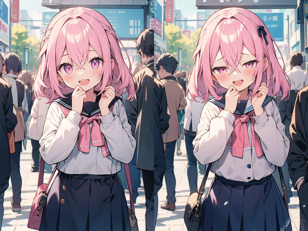 <lora:sensualface_type1_v2:1>
(cleavage:-1.5),insanely detailed, absurdres, ultra-highres, ultra-detailed, best quality,
1girl, solo, nice hands, perfect hands,
BREAK,
(wearing winter school uniform),
happy smile, laugh, open mouth,
cute pose, cowboy shot,
BREAK,
slender, kawaii, perfect symmetrical face, ultra cute girl, ultra cute face, ultra detailed eyes, ultra detailed hair, ultra cute, ultra beautiful,
BREAK,
in harajuku, shibuya, tokyo, street, crowd, cityscape,
medium large breasts
BREAK,
(pink medium hair, pink eyes), hair between eyes