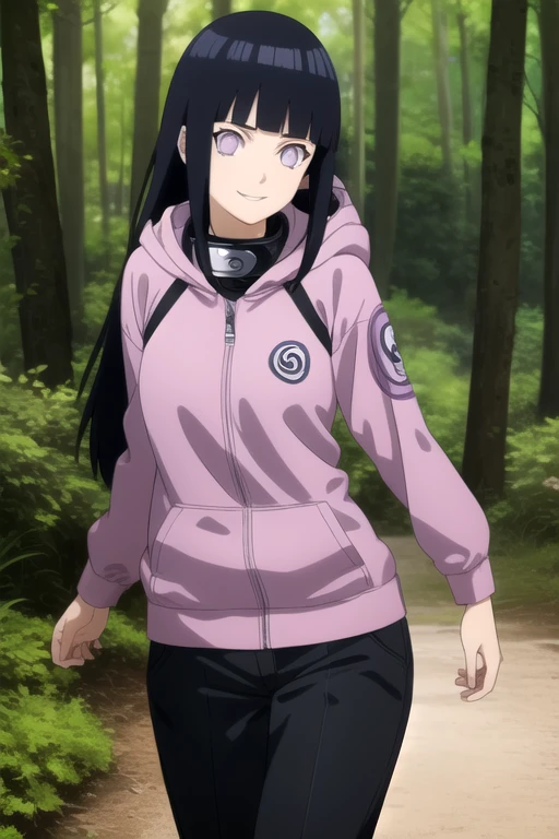 ((masterpiece)),(best quality),official art,extremely detailed CG,unity 8k wallpaper,ultra detailed,beautiful detailed eyes,extremely detailed face,forest,nature,1girl,solo,cowboy shot,looking at viewer,facing viewer,anime coloring,smile,hyuuga hinata,long hair,black hair,sidelocks,blunt bangs,purple eyes,white eyes,no pupils,forehead protector,konohagakure symbol,long sleeves,purple jacket,hood down,medium breasts,pants,sandals,<lora:Hyuuga Hinata(naruto)>,