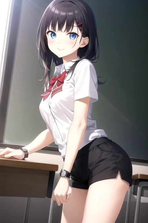 ((masterpiece)),(best quality),official art,extremely detailed CG,unity 8k wallpaper,ultra detailed,beautiful detailed eyes,extremely detailed face,classroom,1girl,solo,cowboy shot,looking at viewer,facing viewer,smile,Yoshikiri Tooka,very long hair,black hair,hair intakes,hairclip,hair ornament,sidelocks,blunt bangs,blue eyes,white shirt,collared shirt,short sleeves,red bowtie,medium breasts,wristwatch,black shorts,socks,shoes,<lora:Yoshikiri Tooka(sin):0.8>,