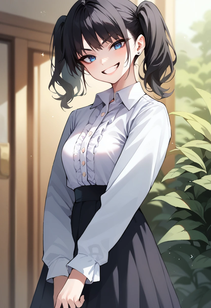 score_9, score_8_up, score_7_up, source_anime, 1girl,blue eyes,twintails, black hair, white blouse, black skirt, grin,looking at viewer, by mx2j <lora:mx2j-Style-PonyXL:1>