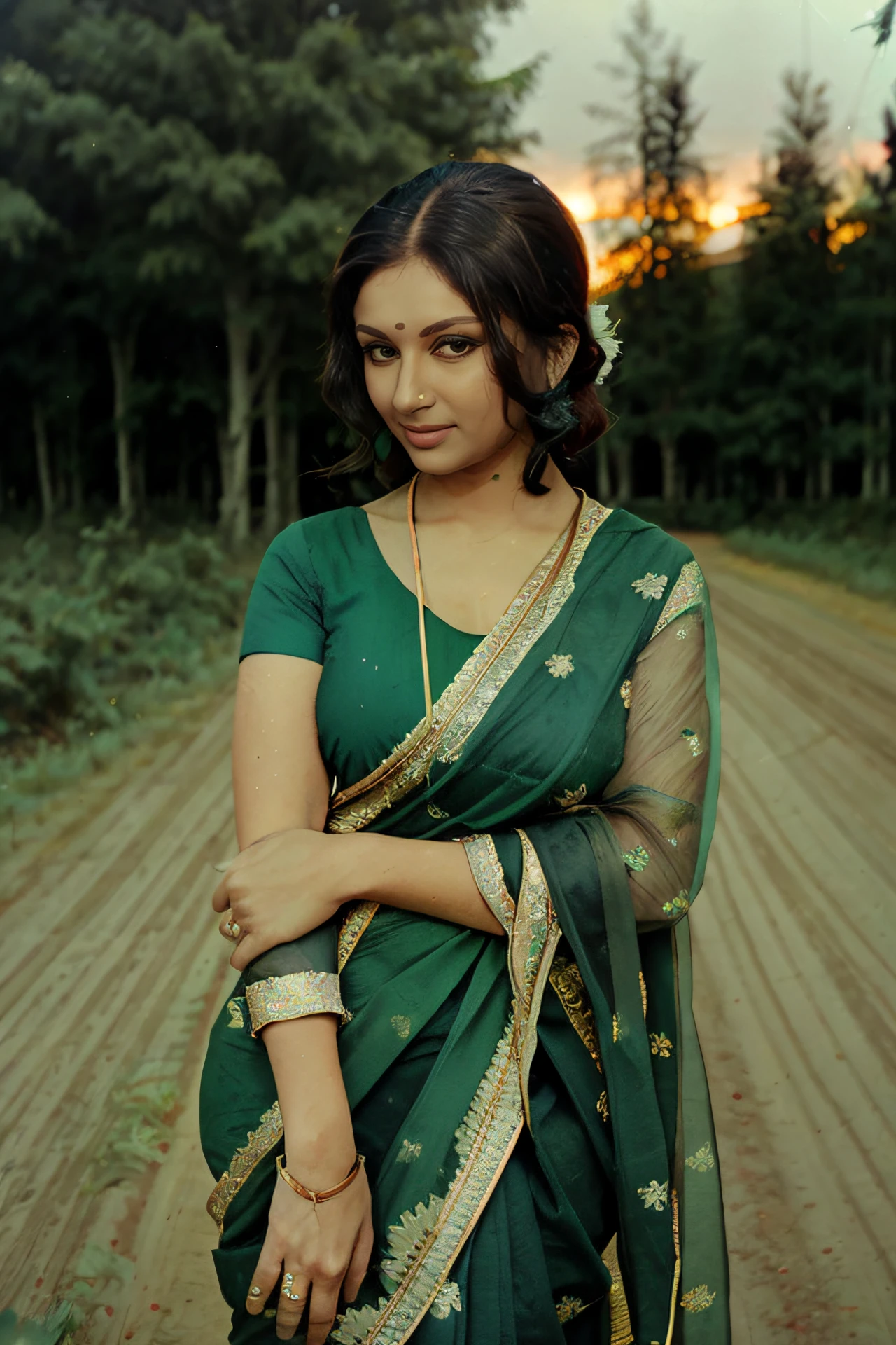 photo of shrm woman, Establishing shot, 25yo conservatively dressed woman wearing Forest Green Saree, anatomically accurate, looking at camera, cinematic lighting, simple background <lora:shrm_Sharmila_Tagore_SD15_LoRA_prodigy_local_regs_updcaps:1>