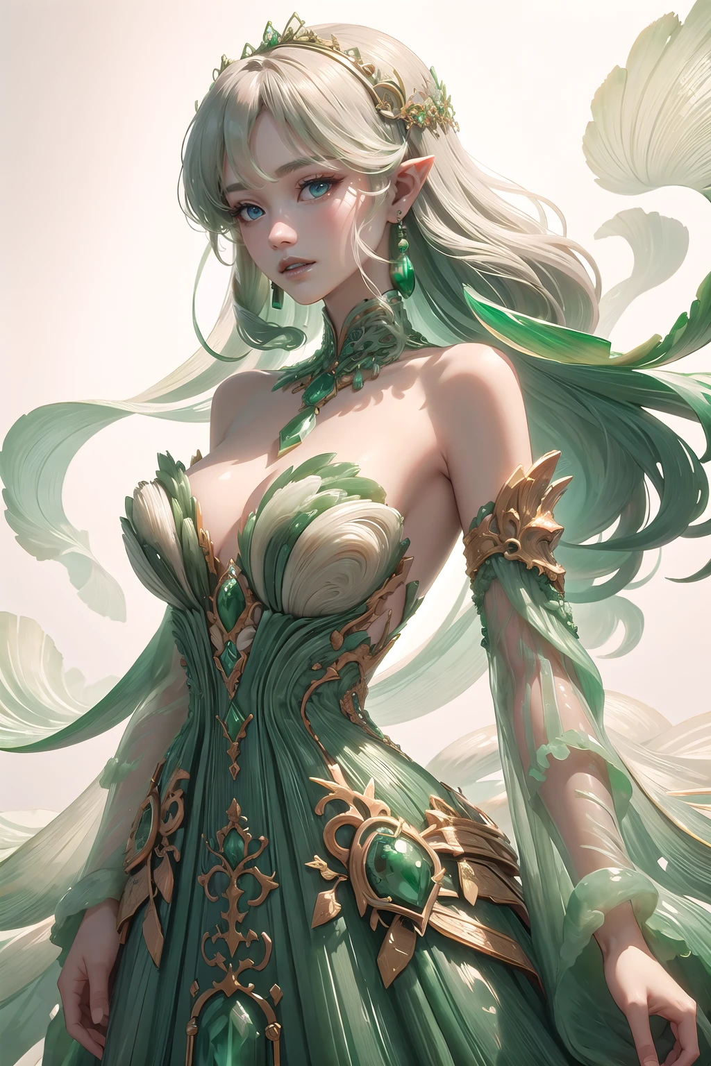 <lora:wrenchjadeluxe:1>, wrenchjadeluxe, 1girl, light smile, gown, long hair, blue eyes, white hair, hair tie, (pointy ears:1.2), (white background:1.3), green lips, upper body,