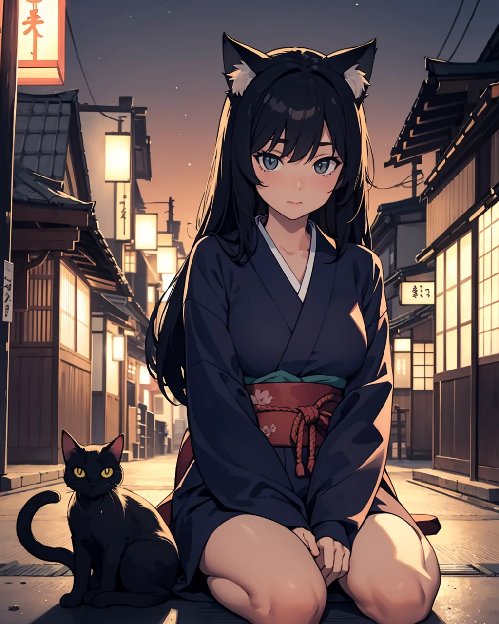 (masterpiece, best quality),evening,cat_girl,japan town,fench,sitting,