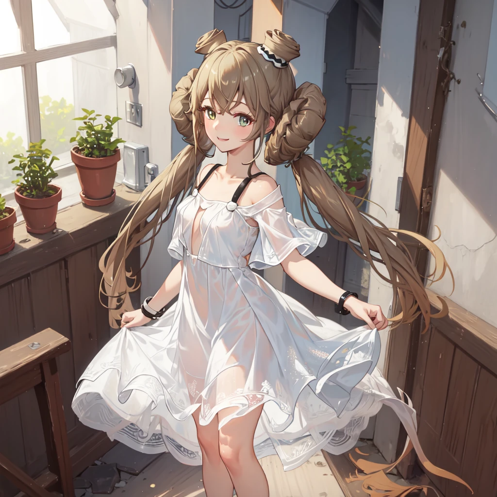 masterpiece, best quality, high quality,1girl,solo,,low double bun, double bun,low twintails, white dress, see-through, smile,