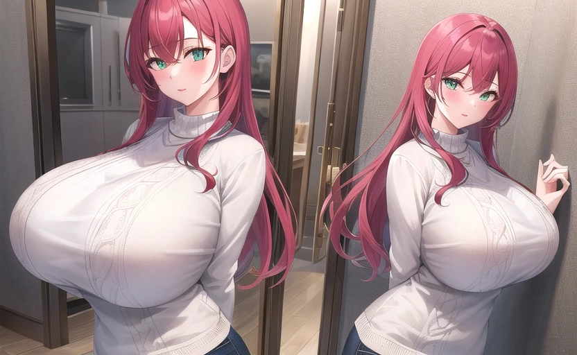 1girl, standing, red_hair, green_eyes, huge_breasts,  sweater,   <lora:PeopleCount:1>, masterpiece, best_quality, detailed_face, detailed_eyes, highres, beautiful, detailed,