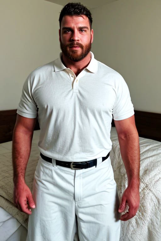 beautiful male portrait, musclebearcoffee lying in bed, cinematic lighting, white bedroom, big windows, sunny day, wearing loose white pants,  unbuttoned white short sleeve polo shirt