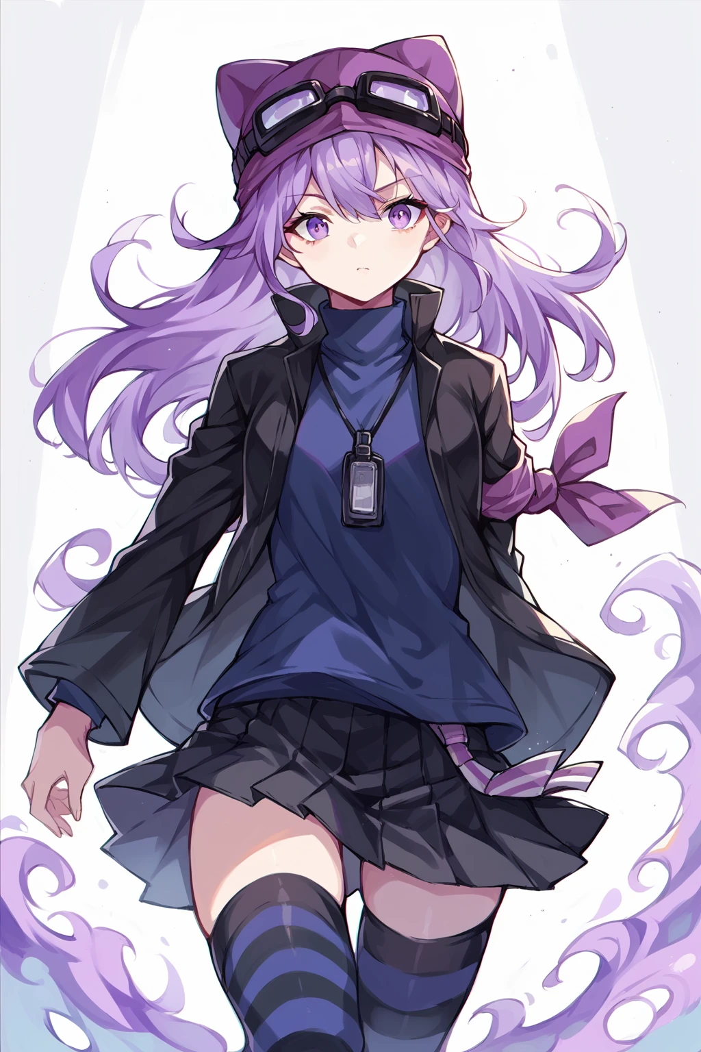 score_9, score_8_up, score_7_up,score_6_up,score_5_up, source_anime, front view, solo, 1girl, Female, 
sayo, long hair, purple hair, open jacket, black jacket, striped thighhighs, black thighhighs, goggles on headwear, purple eyes, zettai ryouki, pleated skirt, black skirt,  <lora:Sayo_XL:1>