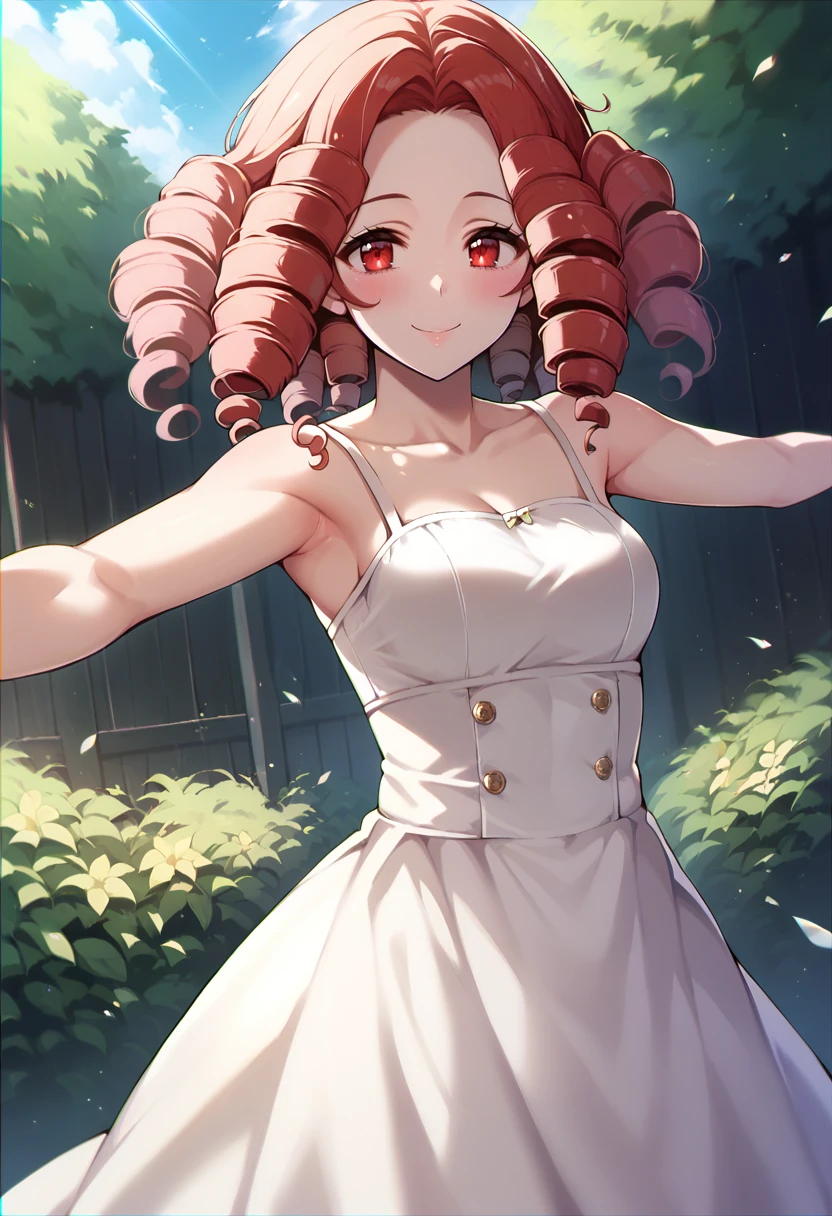 score_9, score_8_up, score_7_up, source_anime, 1girl,red eyes,smile, outdoors, best quality, red hair, ringlets, outstretched arms, white sundress, by jewelmilk <lora:Jewelmilk-Style-PonyXL-000024:1>