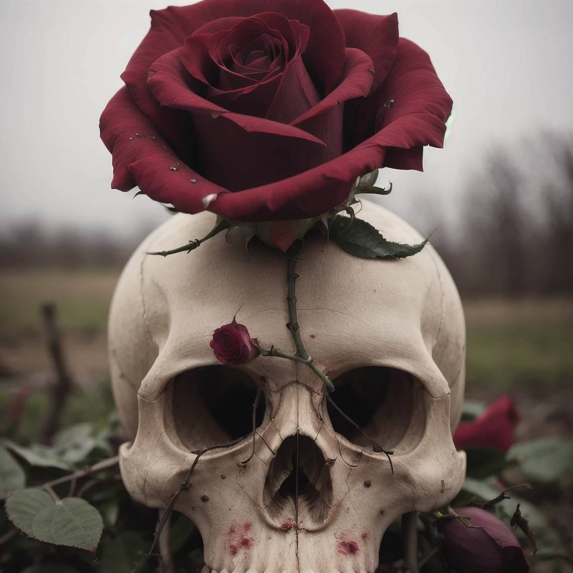 create a skull with a red rose