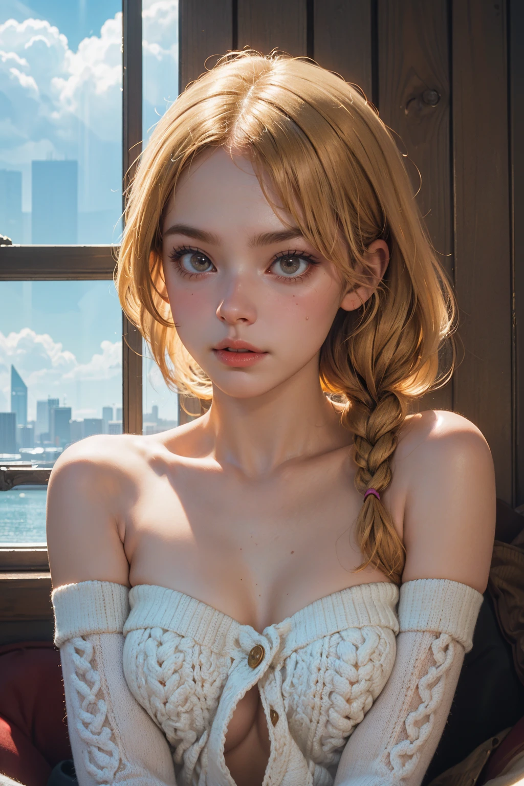 ( detailed realistic background:1),
( official art, beautiful and aesthetic:1 ),
realistic lighting,
cinematic lighting,
hyperrealism,
soothing tones,
muted colors,
high contrast,
soft light,
sharp,
artistic photoshoot,
( cute, petite),
slender,
european,
pale cheeks,
square face shape with angular jaw,
natural "no-makeup" makeup,
huge breasts,
honey blonde milkmaid braid hair,
wearing Cable knit fingerless gloves and crochet stockings , Upper Body , ,
Bare shoulders, Bare neck, , cloud city serene pond,angelfish,hidden treasure,