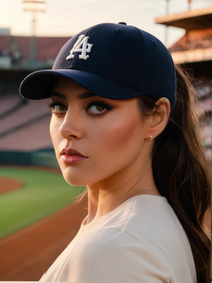 a beautiful picture of 4ubreyXL, detailed skin texture,masterpiece, photorealistic, woman, 4k, backlighting, light, RAW color photo,(fully in frame:1.1), (blush:0.5), (goosebumps:0.5),brunette, <lora:4ubreyXL:1> wearing a baseball cap,face detailed,stadium background
