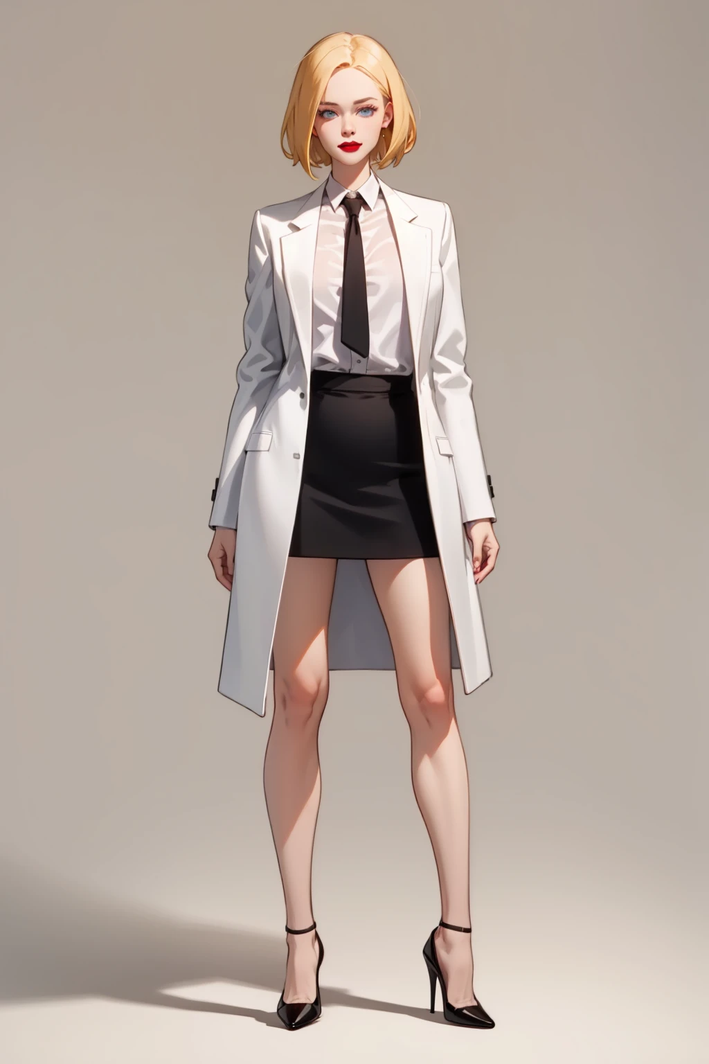 masterpiece, best quality, 1girl, agentl, blonde hair, short hair, blue eyes, red lips, makeup, white coat, skirt, high heels, full body, solo, looking at viewer, simple background, solid grey background