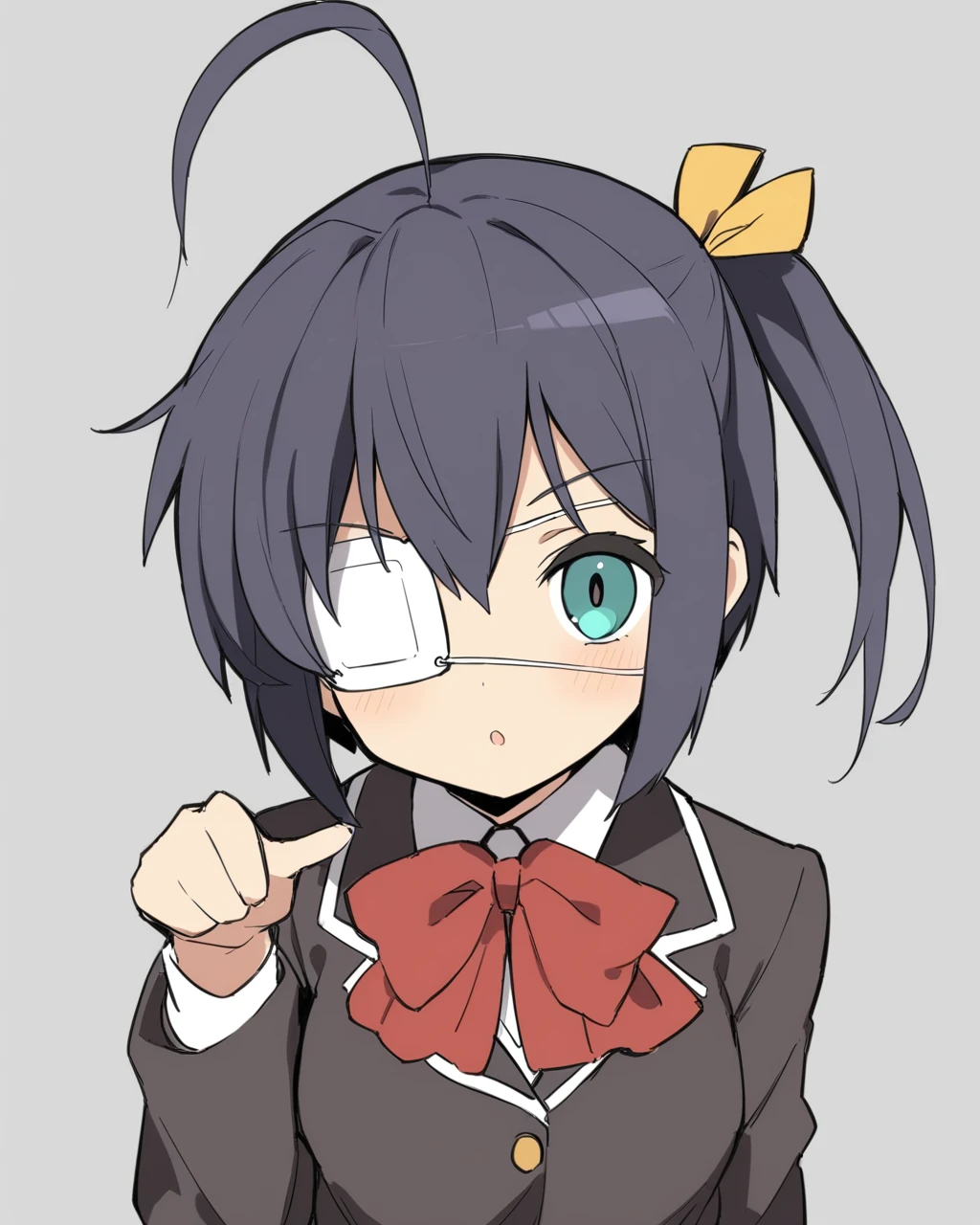 masterpiece,best quality,<lora:takanashi_rikka:1>,takanashi_rikka, hair_bow, medical_eyepatch, jacket, one_side_up, red_bowtie, bowtie, hair_ornament, solo, red_bow, long_sleeves, chuunibyou_demo_koi_ga_shitai!, 1girl, sparkling_daydream, eyepatch, bow, blazer, transparent_background, upper_body, ribbon, school_uniform, ahoge, pointing, hair_ribbon, icho_private_high_school_uniform, black_jacket, flat_color