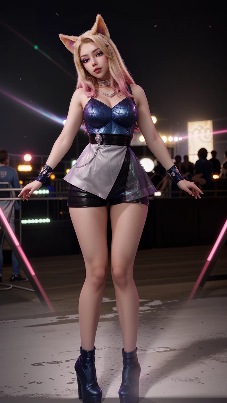 1girl, ahri, fox ears, blonde pink hair, ((official k/da_(league_of_legends))), ((costume)), dark background, (concert:1.5), in a concert, lights behind, full body, high heels,