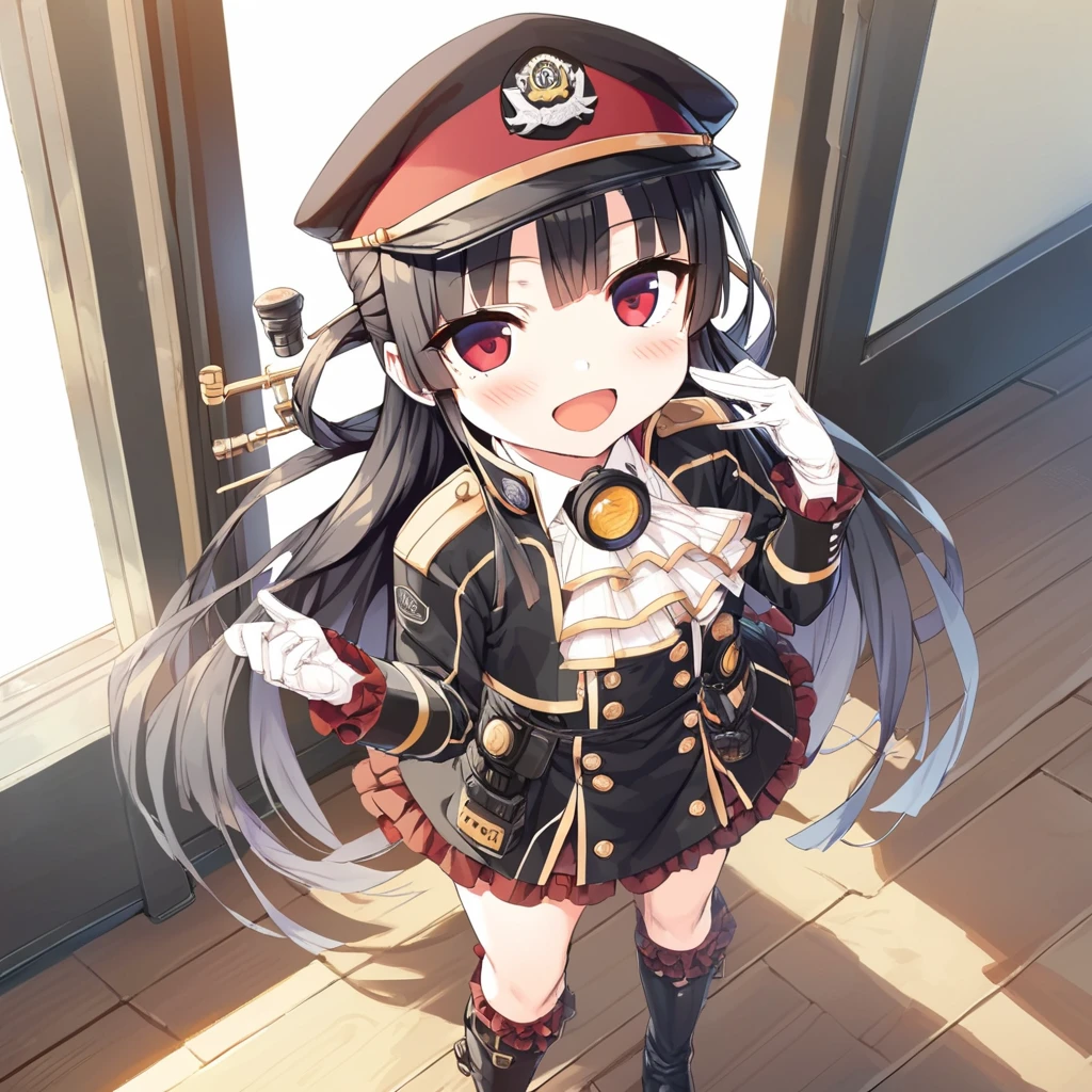 best_quality,masterpiece,<lora:CURA_SDXL_V1:1>,hachiroku,solo,1girl,long hair,smile,:d,very long hair,red eyes,black jacket,black headwear,hat,black hair,open mouth,black footwear,boots,jacket,black skirt,white shirt,skirt,blush,bangs,long sleeves,shirt,gloves,peaked cap,frills,knee boots,hair rings,white ascot,looking at viewer,white gloves,open jacket,holding,open clothes,standing,