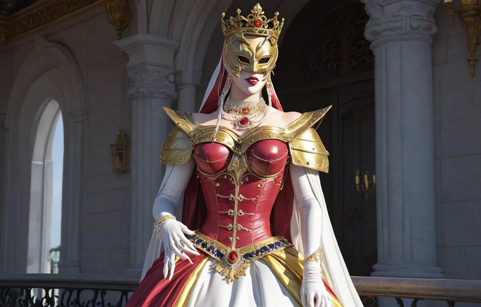 breathtaking 2d anime game cg of a beautiful fantasy monster girl queen with thick plump body wearing oversized bouffant ballgown wiht long puffy sleeves standing on a balcony of a royal castle. Her gown is adorned with multiple jewelry and gems and gold rings and pearl necklaces. Her face is hidden in a golden costume mask. Her skin is pure white, and she wears red lipstick and has a huge breasts. formicaxl, <lora:formicaXL-000006:1>
