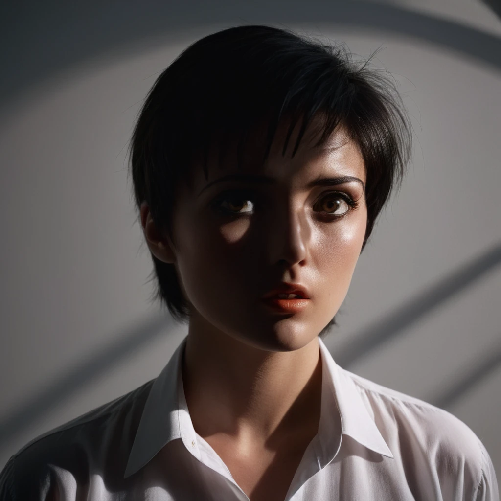 cinematic film still of <lora:Chiaroscuro Lighting Style:0.8>
dramatic, cinematic, shadow, partially covered in shadow, a woman with a very big eye and a white shirt Chiaroscuro Lighting Style, 1girl, solo, short hair, shirt, black hair, brown eyes, closed mouth, white shirt, collared shirt, grey background, mole, lips, mole under eye, looking away, portrait, realistic
<lora:Yukiko Minase:1>, shallow depth of field, vignette, highly detailed, high budget, bokeh, cinemascope, moody, epic, gorgeous, film grain, grainy