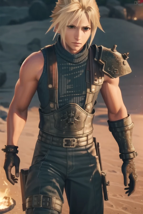 cloudstrife, <lora:cloud strife ingame-lora-nochekaiser:1>,
cloud strife, blonde hair, male focus, spiked hair, (grey eyes:1.3),
BREAK gloves, sleeveless, black gloves, pants, armor, turtleneck,
BREAK outdoors,
BREAK looking at viewer, dynamic pose,
BREAK <lyco:GoodHands-beta2:1>, (masterpiece:1.2), best quality, high resolution, unity 8k wallpaper, (illustration:0.8), (beautiful detailed eyes:1.6), extremely detailed face, perfect lighting, extremely detailed CG, (perfect hands, perfect anatomy),