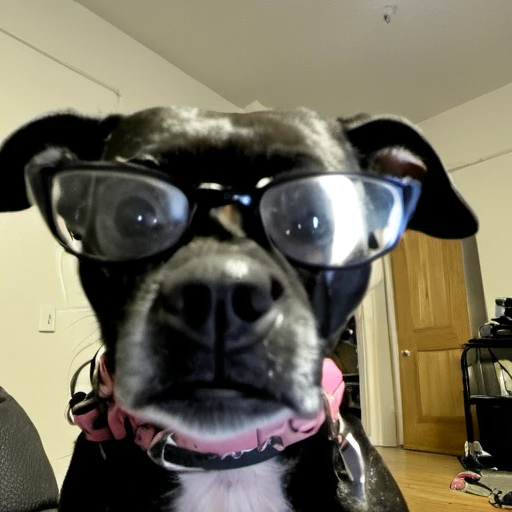 <lora:kenda_loha:1>k3nd4, kenda, dog, indoors, glasses, animal, realistic, solo, looking at viewer, collar, teeth