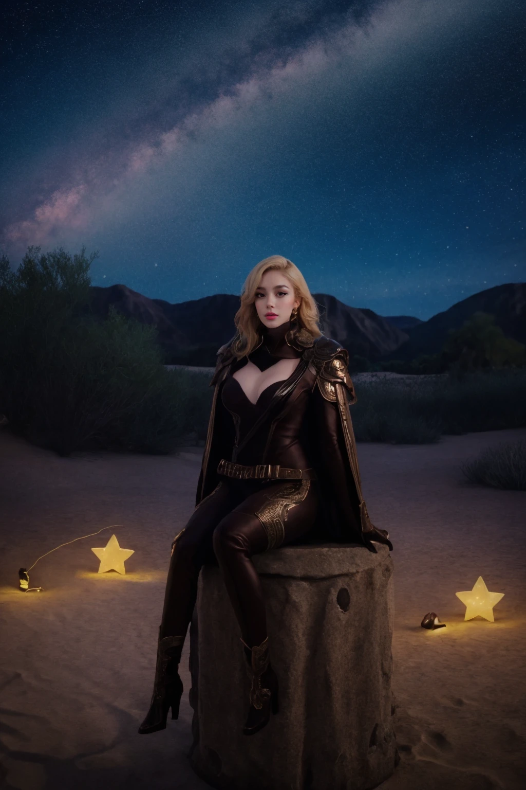 4k, 8k, ultra highres, raw photo in hdr, sharp focus, intricate texture, skin imperfections, realistic, detailed facial features, highly detailed face, posing,perfect lighting,long hair,sitting,stars,twinkle,outdoors,space,yellow sparkles,night sky,detailed background,desert,sand,catus,(blonde hair),straight eyebrows,cute,<lora:LOAOutfit6:0.7> LOAOutfit,cape,black boots,pauldrons,collar