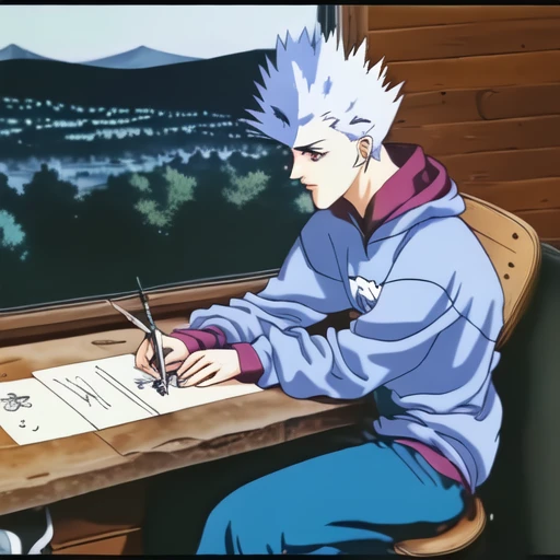 a frustrated beautiful anime woman who works too much and always dreams of being in the High Country, short gray spiky hair, fierce golden eyes, sitting at a desk drawing her life as an anime character, baggy cerulean sweatshirt, mountain cabin atmosphere with wood stove