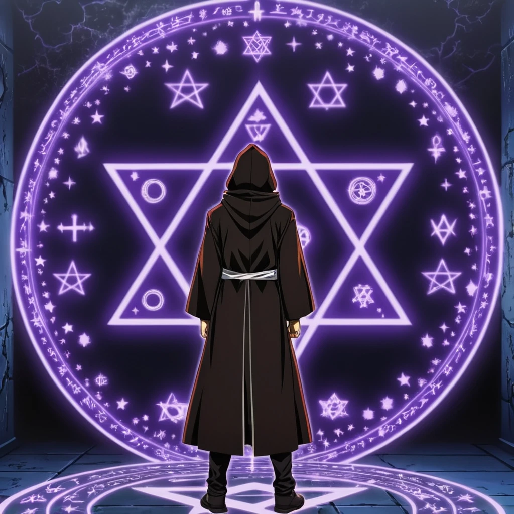 anime artwork of <lora:Bible Black style:1>
a person standing in front of a wall with a magical circle of symbols,solo,1boy,male focus,hood,english text,cross,robe,magic circle,pentagram,hexagram eroge,anime,manga,nsfw,cartoon,Adult animation,explicit,Original video animation, Baiburu Burakku style, Bible Black style, black magic, rituals, demons, dark fantasy, Magic circle, anime style, key visual, vibrant, studio anime, highly detailed
