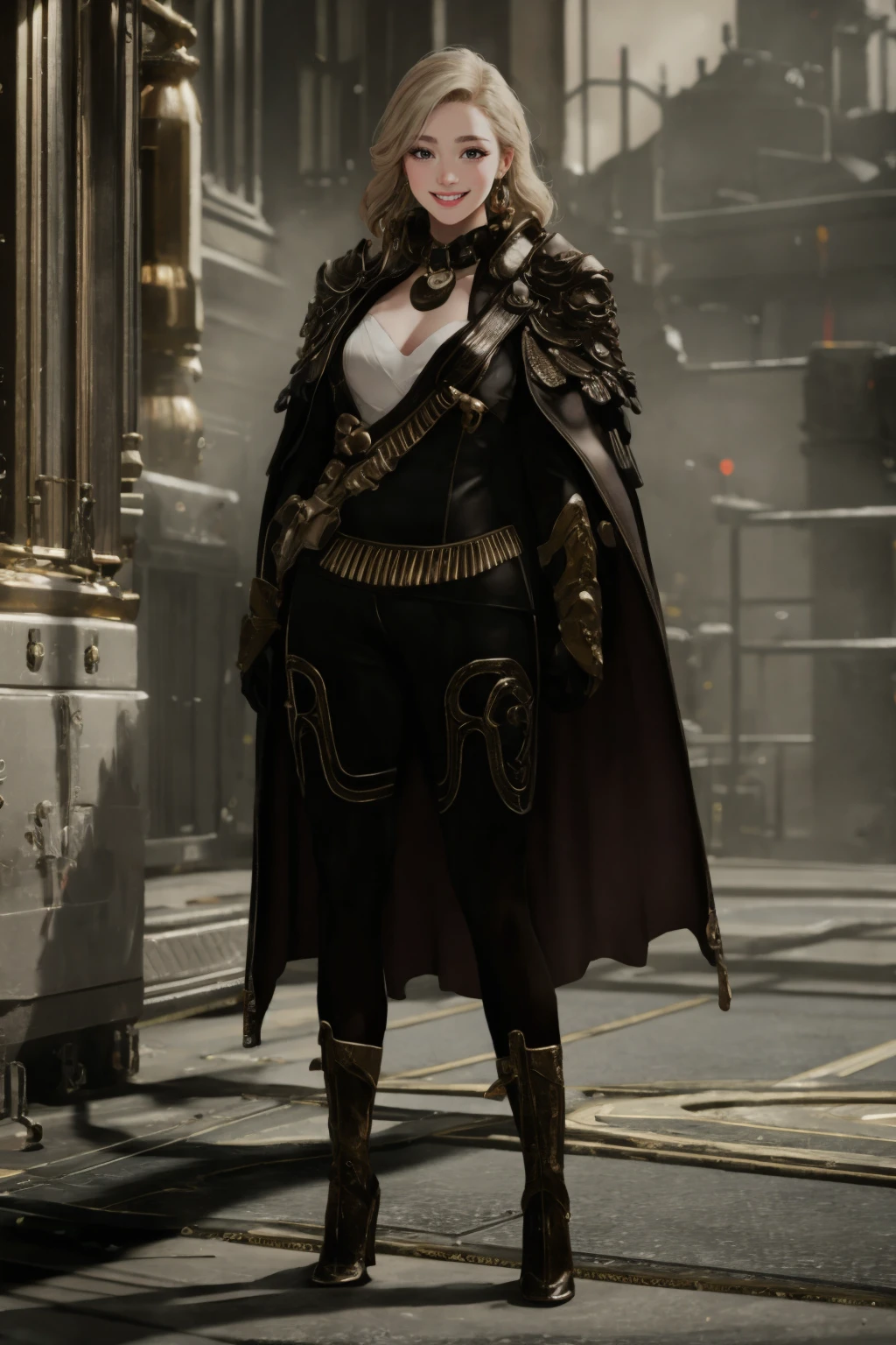 4k, 8k, ultra highres, raw photo in hdr, intricate texture, skin imperfections,detailed skin, realistic, detailed facial features, highly detailed face, perfect lighting,smile,happy,cute, <lora:LOAOutfit6:0.8> LOAOutfit,cape,black boots,pauldrons,collar