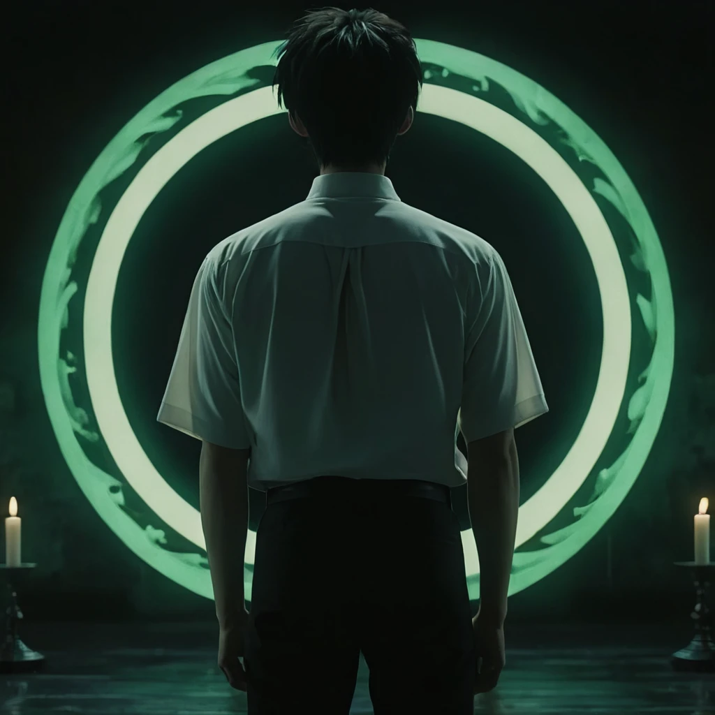 cinematic film still of  <lora:Taki Minase:1>
Taki Minase a man from behind standing in front of a large ritual circle in a dark ritual room,solo,shirt,black hair,1boy,standing,white shirt,male focus,pants,indoors,from behind,black pants,candle,magic circle,candlestand green_eyes, short brown hair, choppy hair, eroge,anime,manga,nsfw,cartoon,Adult animation,explicit,Original video animation, Baiburu Burakku style, Bible Black style, shallow depth of field, vignette, highly detailed, high budget, bokeh, cinemascope, moody, epic, gorgeous, film grain, grainy