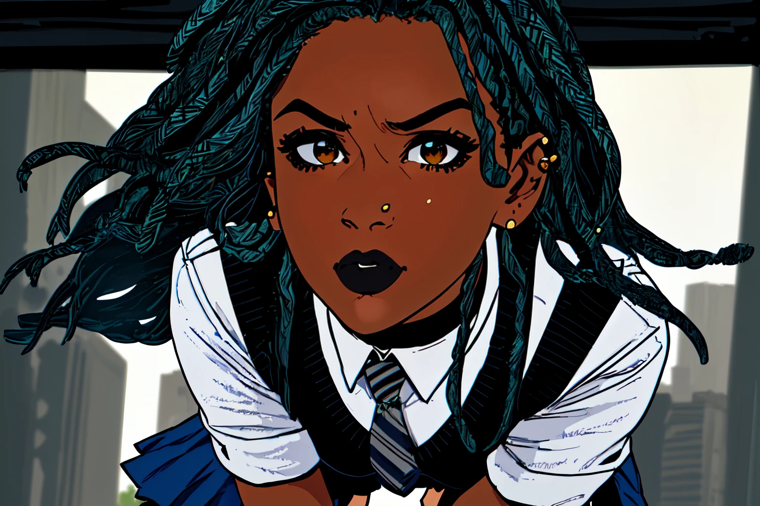 upper body, beautiful eyes, beautiful girl, high detail skin, high detail eyes, high detail hair, highres, ultra detailed, sharpen picture, Highly detailed, masterpiece, best quality, photorealistic,
<lora:SamanthaCainLoRA:0.7> 1girl, dark skin, dreadlocks, long hair, nose piercing, collared shirt, vest, earrings, fingerless gloves, pleated skirt, necktie, knee boots, ear piercing, choker, in a park at night:1.2, black sky, white clouds, dynamic pose,