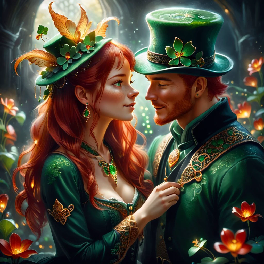 Man and girl, freckles, red hair, beautiful eyes, leprechaun top hat, wearing a shamrock necklace, celtic background, shy smile sparkling, elegant and unique, gently swaying, mysterious and charming, realistic and abstract art, details, very realistic, beautiful and vital, dreamlike and surreal, delicate brush strokes and rich colors, beauty and mystery, unimaginable beauty,Ornate And Intricate, transparent, translucent, Agate material, jade material, BY Anne Bachelier