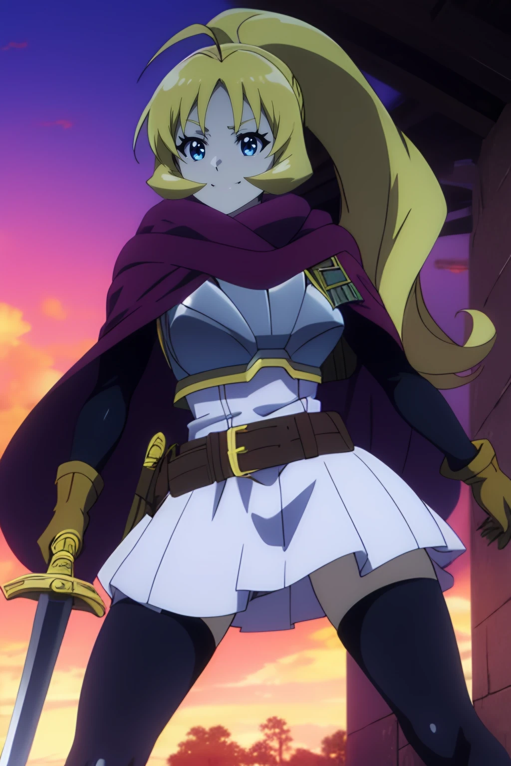 <lora:Rina Rupaage:0.7> rina rupaage, blonde_hair, 1girl, solo, long_hair, blue_eyes, ahoge, ponytail, smile cape, gloves, sword, weapon, scarf, belt, armor, skirt, thighhighs, sunset, fighting stance, best_quality, highres, extremely_detailed, anime perfect detailed style, 8k, masterpiece, anime art style, anime coloring,