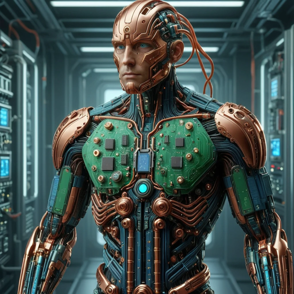 scifi, copper, circuitrytech, human, male,in a lab , hyper detailed