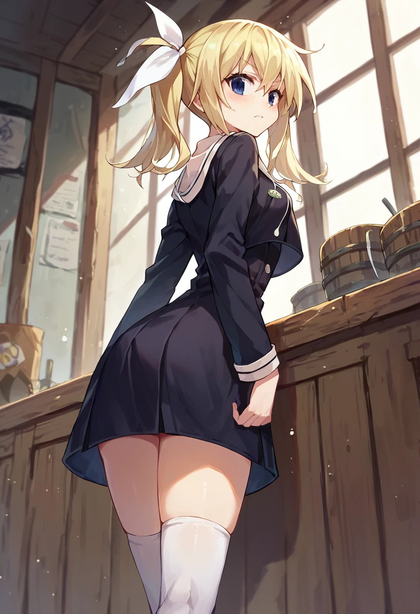 score_9, score_8_up, score_7_up,score_6_up, HinaSchool, blue eyes, blonde hair, twintails, white hair ribbon, black short dress, patch, white thighhighs, from behind, <lora:ArimuraPXL5-000011:1>