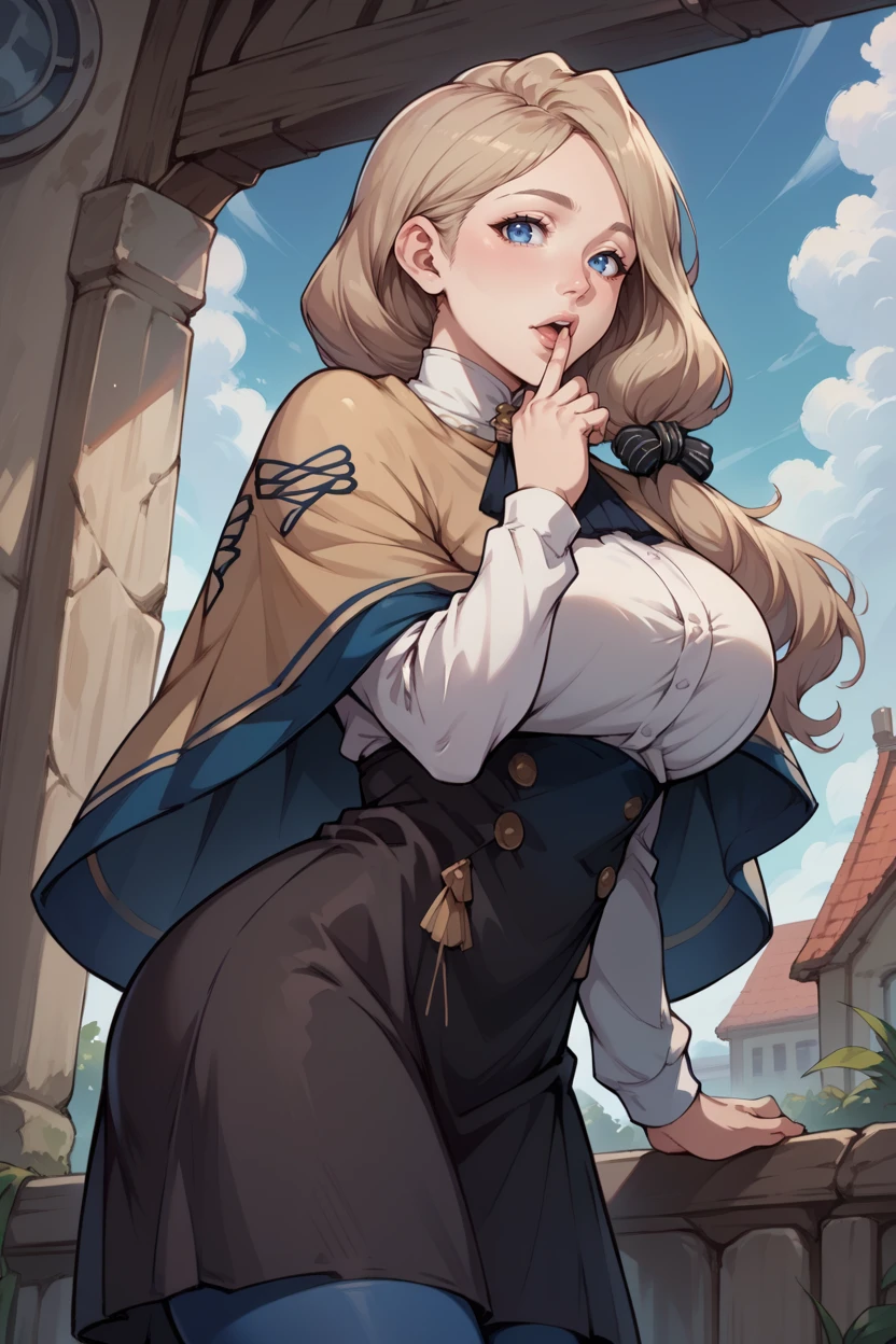 score_9, score_8_up, score_7_up, score_6_up, source_anime, 1girl, BREAK <lora:mercedes-pdxl-nvwls-v1:1> defMercie, blue eyes, low-tied long hair, hair over shoulder, capelet, white shirt, high-waist skirt, black skirt, blue leggings, big breasts, looking at viewer, from side, bending over, looking at you, chestnut mouth, hand to mouth, from below, blue sky