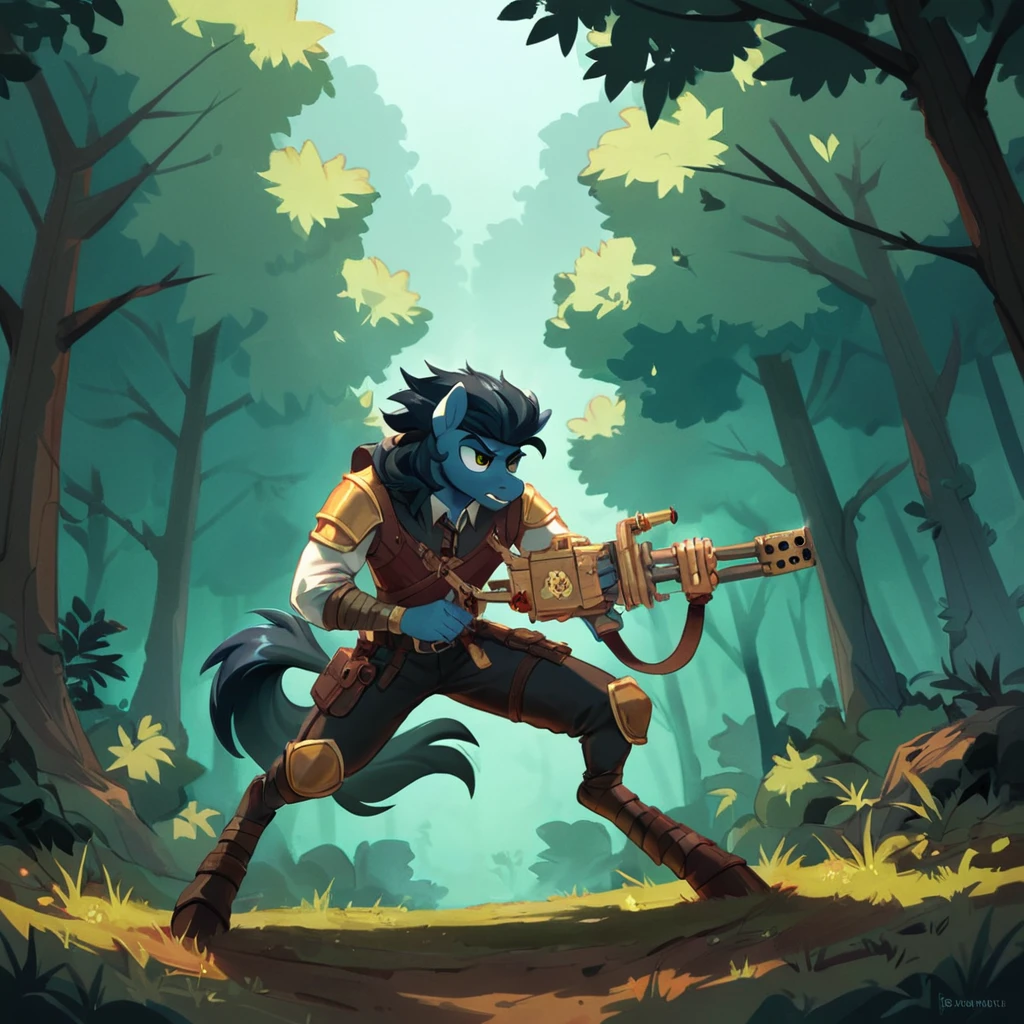 score_9, score_8_up, score_7_up, source_cartoon, a anthro pony cultist fires a (a hvyflamer weapon) in a forest forest, black smoke,