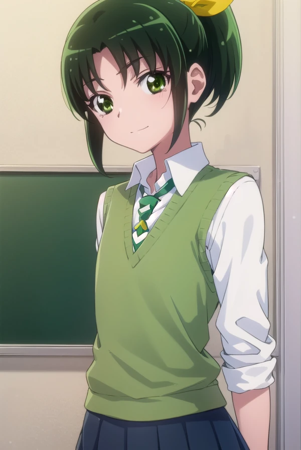 naomidorikawa, <lora:nao midorikawa s1-lora-nochekaiser:1>,
nao midorikawa, short hair, (green eyes:1.3), ponytail, green hair, ribbon, hair ribbon, smile,
BREAK skirt, school uniform, necktie, sleeves rolled up, sweater vest, green necktie, nanairogaoka middle school uniform,
BREAK indoors,classroom,
BREAK looking at viewer, dynamic pose,
BREAK <lyco:GoodHands-beta2:1>, (masterpiece:1.2), best quality, high resolution, unity 8k wallpaper, (illustration:0.8), (beautiful detailed eyes:1.6), extremely detailed face, perfect lighting, extremely detailed CG, (perfect hands, perfect anatomy),