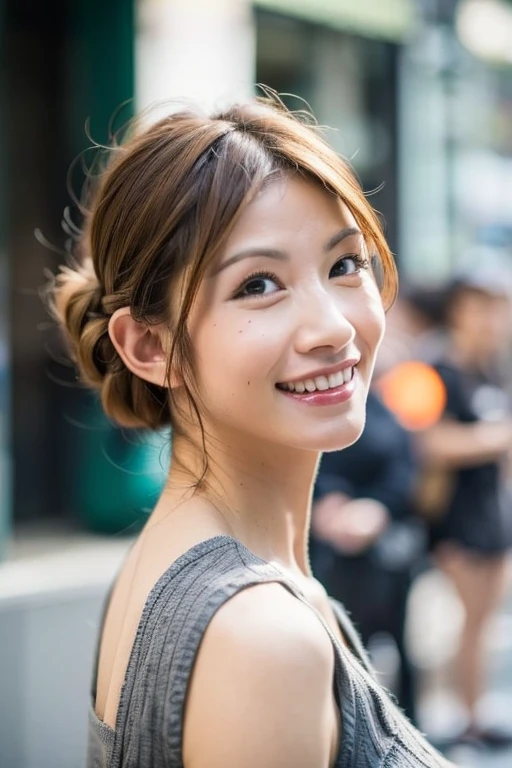 ((highest quality)), ((masterpiece)), (be familiar with), perfect face,Starbucks,spring, (realistic, photo realistic:1.37), High-definition RAW color photos, professional photos, highly detailed face, very fine eyes, highly detailed skin, very fine fingers, highly detailed nose, highly detailed mouth, perfect anatomy, highly detailed background, (famous japanese actress:1.2), (gal:1.3), Brown people, (blonde hair:1.3), Very short cut hair, cafe background, Cafes in New York,