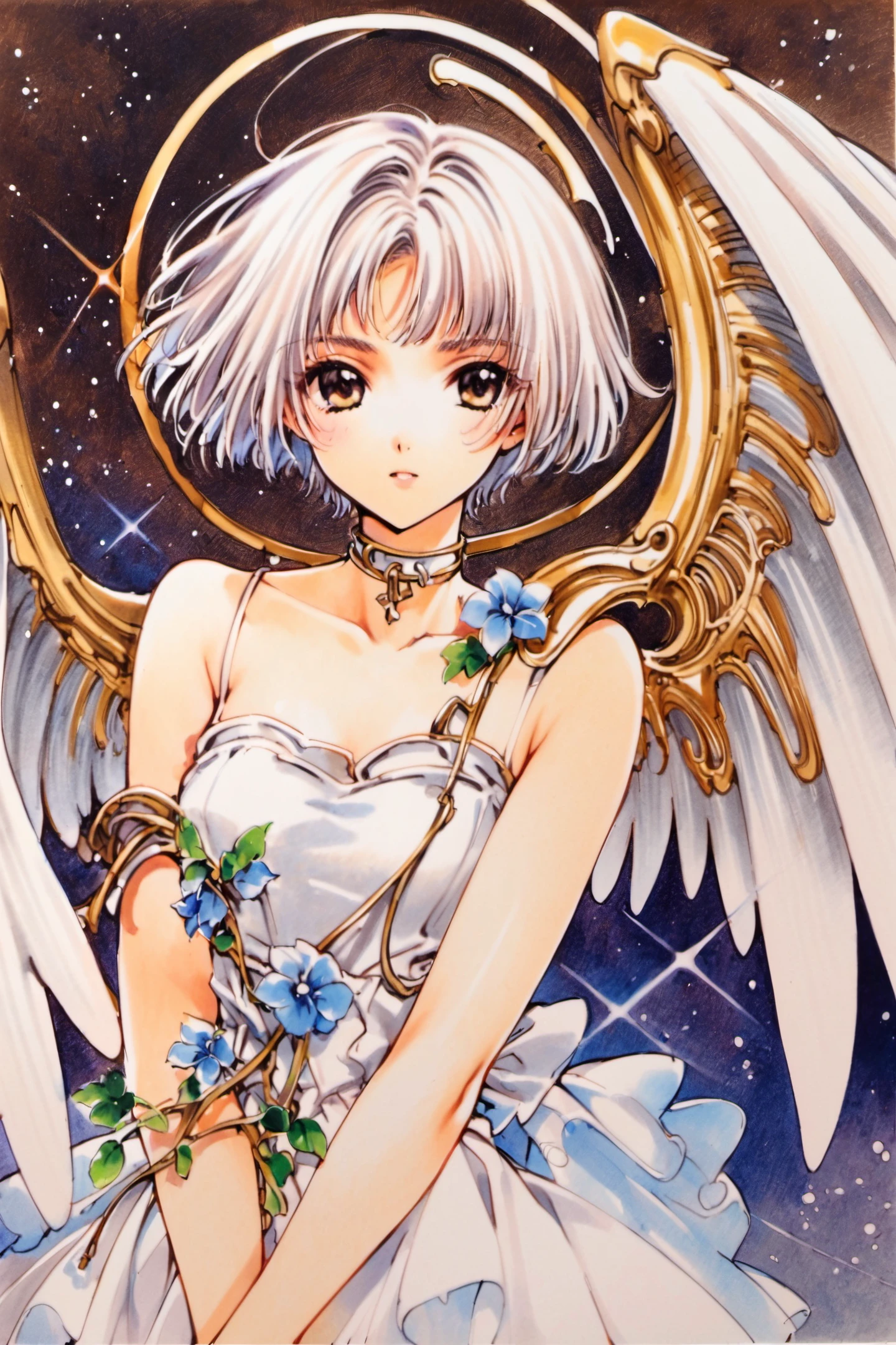 Sue,1girl,wings,solo,short hair,flower,dress,ribbon,choker,white hair,angel wings,traditional media,<lora:clover_XL:0.9>,