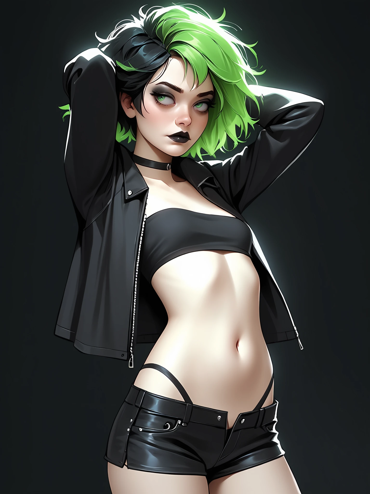 score_9, score_8_up, score_7_up, score_6_up, score_5_up, score_4_up, rating_safe,
BREAK
girl with black hair, short hair, messy hair, tomboy, neon green eyes, black eyeshadow, multicolored hair, neon green hair, black lips, looking away, adult, mature,
BREAK
solo, standing, skinny, black tube top, black punk jacket, black choker, small breasts, strapless, stomach, black shorts, arms behind head,
BREAK
black background, simple background, nijijourney, realistic, <lora:Lunas-NijiJourney-SDXL-B2:1>