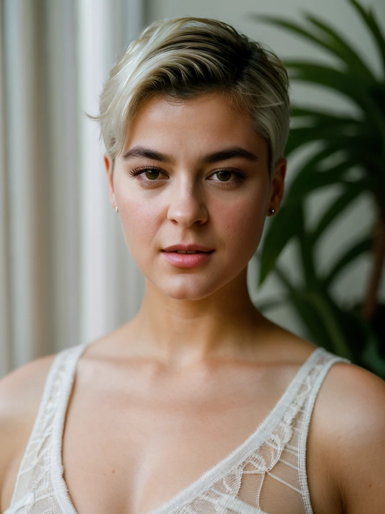 A beautiful st3f4n14f woman, 1girl,solo,looking at viewer,short hair,white hair,1boy,brown eyes,male focus,indoors,mole,lips,portrait,realistic,soft lighting, professional Photography, Photorealistic, detailed, RAW, analog, sharp focus, 8k, HD, high quality, masterpiece<lora:st3f4n14f:1.0>