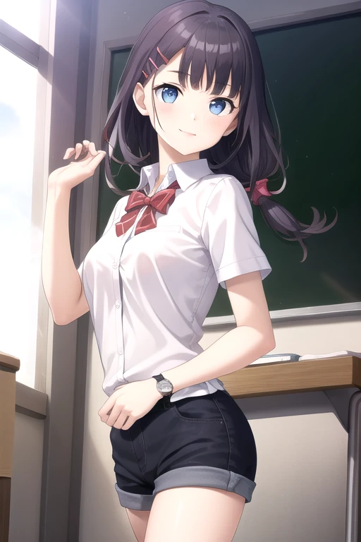 ((masterpiece)),(best quality),official art,extremely detailed CG,unity 8k wallpaper,ultra detailed,beautiful detailed eyes,extremely detailed face,classroom,1girl,solo,cowboy shot,looking at viewer,facing viewer,smile,Yoshikiri Tooka,very long hair,black hair,hair intakes,hairclip,hair ornament,sidelocks,blunt bangs,blue eyes,white shirt,collared shirt,short sleeves,red bowtie,medium breasts,wristwatch,black shorts,socks,shoes,<lora:Yoshikiri Tooka(sin):0.8>,