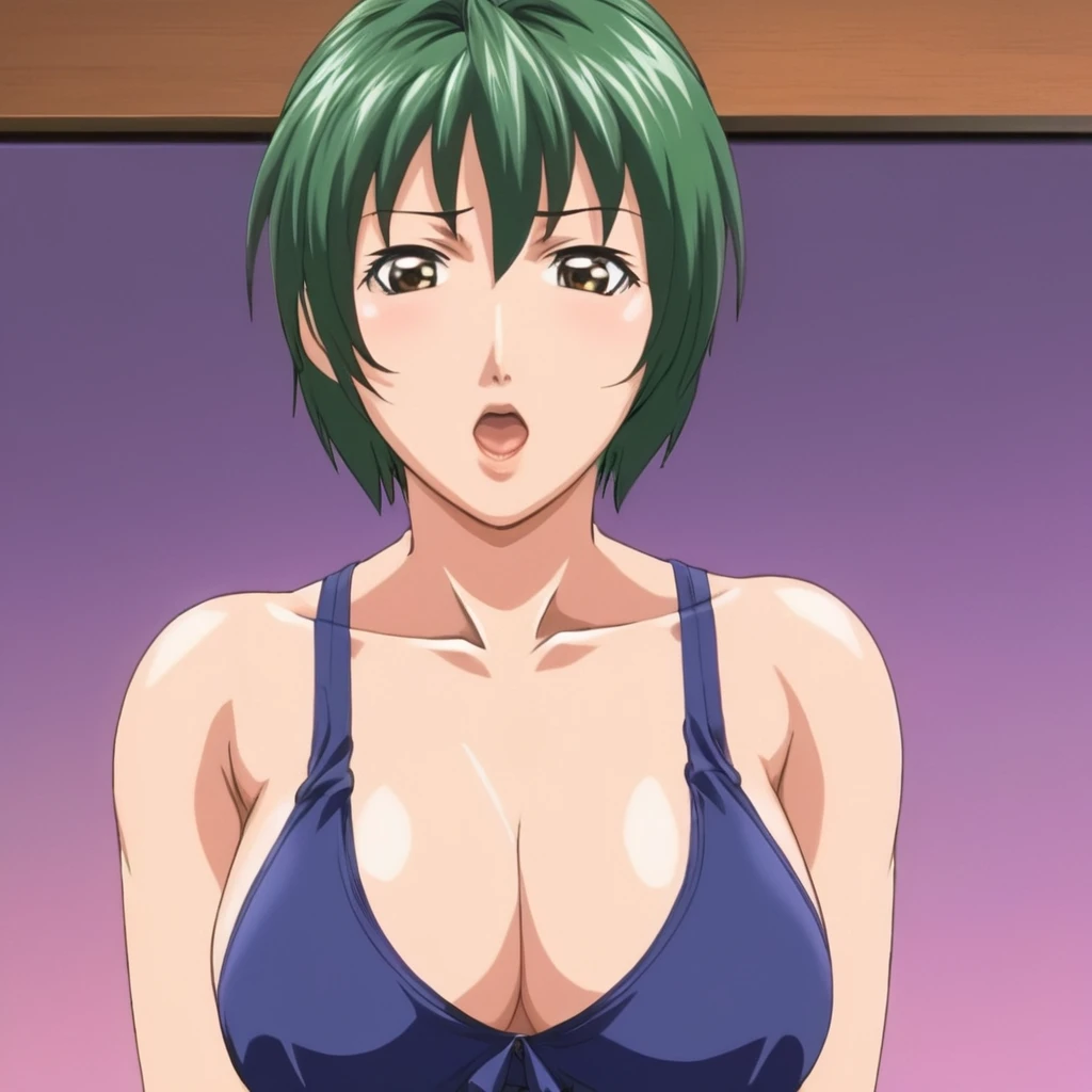 anime artwork of <lora:Bible Black style:1>
Yukiko Minase a woman with a very big breast in a blue top,1girl,solo,breasts,blush,short hair,open mouth,large breasts,black hair,cleavage,brown eyes,swimsuit,upper body,bra,covered nipples,brown background brown_eyes, short light_green hair, choppy hair, eroge,anime,manga,nsfw,cartoon,Adult animation,explicit,Original video animation, Baiburu Burakku style, Bible Black style, anime style, key visual, vibrant, studio anime, highly detailed