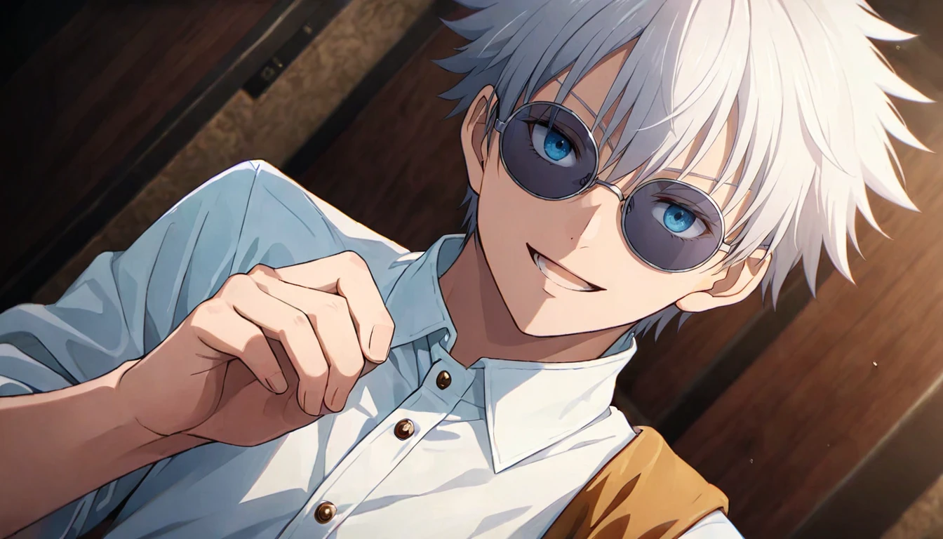 photograph cinematic photo,
jk3, jujutsu kaisen, 1boy, male focus, white hair, blue eyes, white shirt, sunglasses, bangs, hair between eyes, open mouth, short hair, smile, round eyewear, looking at viewer, portrait, hand up, upper body, collared shirt, brown background, :d, dress shirt
(((dutch angle:1.3))) <lora:Jujutsu-Kaisen:.7>, 50mm . cinematic 4k epic detailed 4k epic detailed photograph shot on kodak detailed cinematic hbo dark moody, 35mm photo, grainy, vignette, vintage, Kodachrome, Lomography, stained, highly detailed, found footage