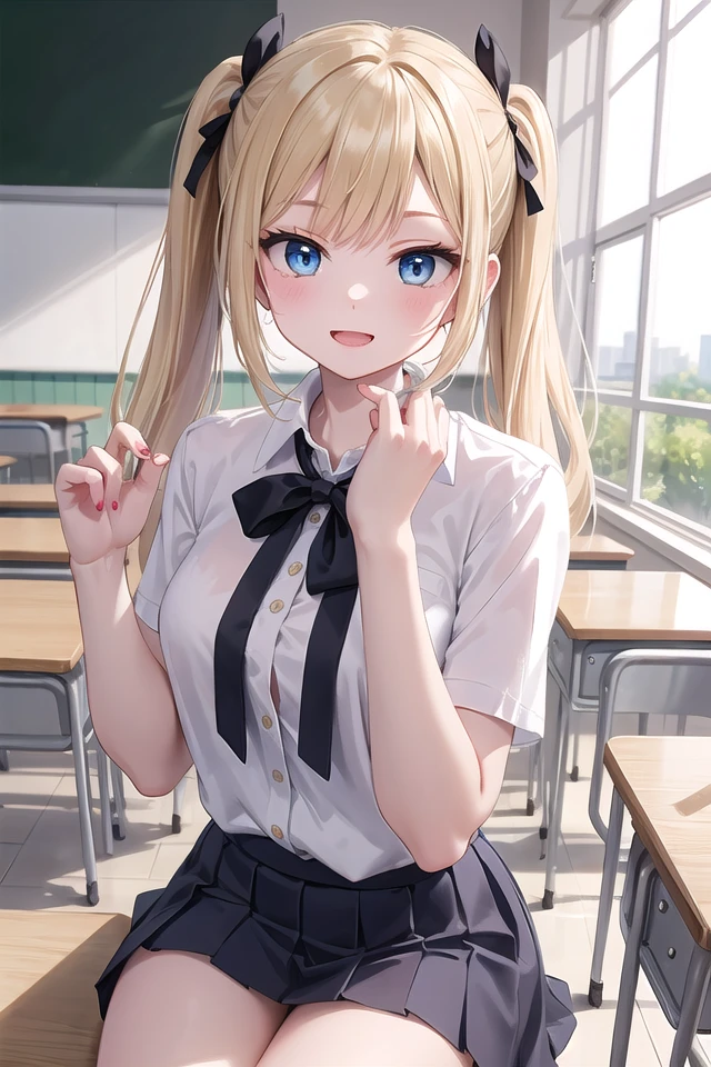 insanely detailed, absurdres, ultra-highres, ultra-detailed, best quality,
1 girl, solo, nice hands, perfect hands,
BREAK,
wearing summer school uniform, skirt,
evil smile, open mouth,
sitting,
45 angle, cowboy shot, looking at viewer,
BREAK,
slender, kawaii, perfect symmetrical face, ultra cute girl, ultra cute face, ultra detailed eyes, ultra detailed hair, ultra cute, ultra beautiful
BREAK,
indoors, in classroom,
blonde hair, twintails, blue eyes