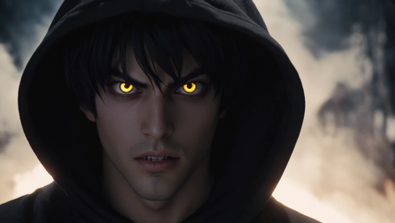 cinematic film still of  <lora:Chiaroscuro Lighting Style:1>Chiaroscuro Lighting Style
 <lora:Bible Black style:0.2>
Demon a demonic dark creature is staring at camera with a creepy look on his face, solo,looking at viewer,black hair,1boy,yellow eyes,male focus,teeth,hood,clenched teeth,portrait,angry,hood up,colored sclera,black sclera , eroge,anime,manga,nsfw,cartoon,Adult animation,explicit,Original video animation, Baiburu Burakku style, Bible Black style, shallow depth of field, vignette, highly detailed, high budget, bokeh, cinemascope, moody, epic, gorgeous, film grain, grainy