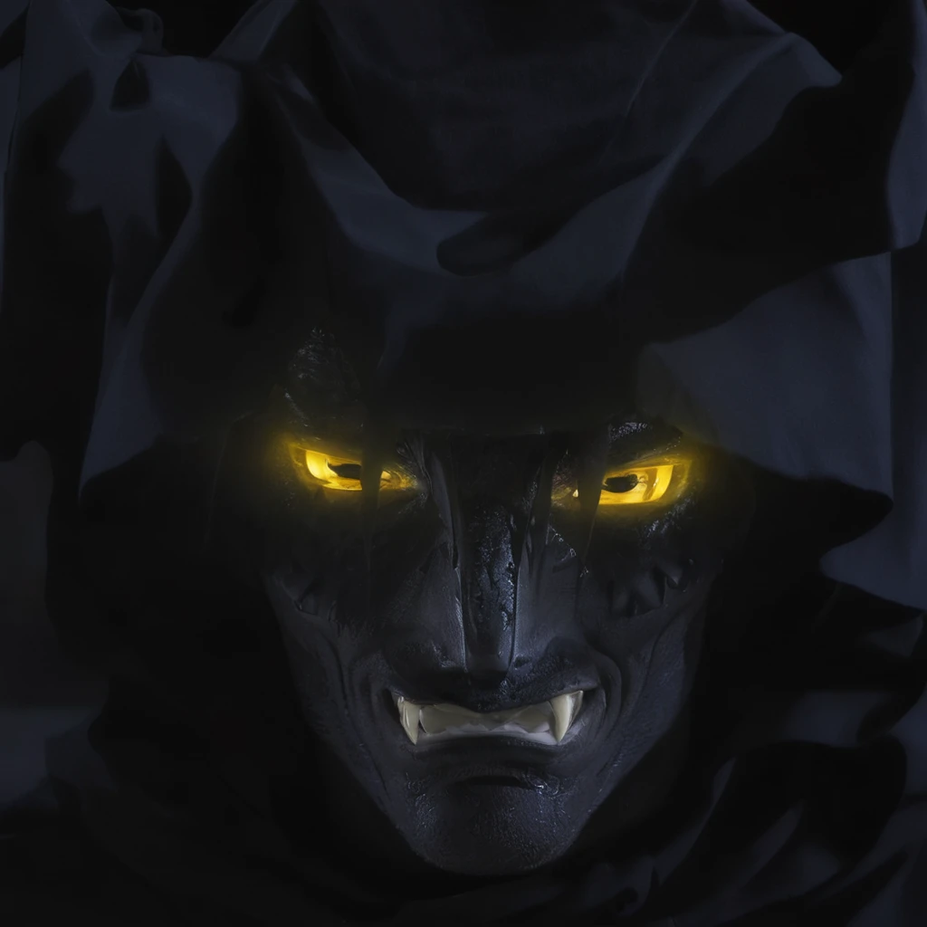 cinematic film still of <lora:Demon:1>
Demon a demonic like man with sharp fangs and creepy sinister yellow eyes and a hood on,solo,looking at viewer,black hair,yellow eyes,male focus,teeth,hood,fangs,scar,close-up,hood up , male devil, creature, evil, demonic, villain, glowing eyes, muscular, golden yellow eyes, bat-like wings, dragon wings, dark, curved fang, eroge,nsfw,explicit, shallow depth of field, vignette, highly detailed, high budget, bokeh, cinemascope, moody, epic, gorgeous, film grain, grainy